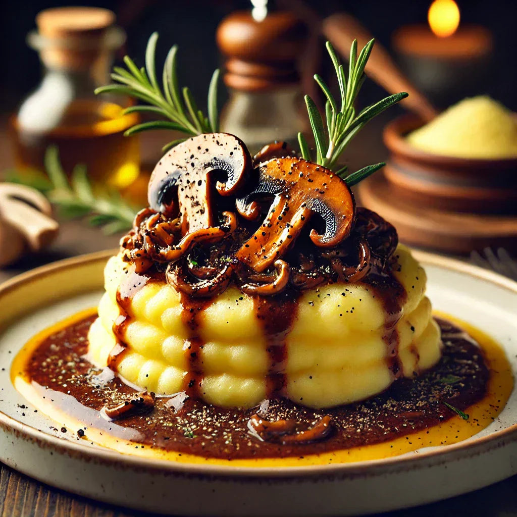 Polenta cremosa com ragù de cogumelos e fonduta de queijo provolone NoMoo