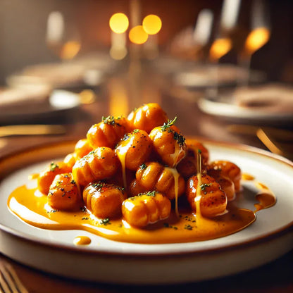 Gnocchi de batata-doce com fonduta de queijo prato NoMoo e NoButter dourada