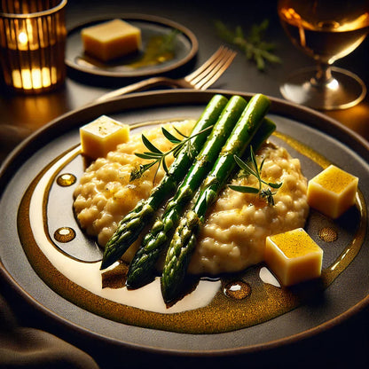 Risotto cremoso de queijo provolone NoMoo com aspargos e crocante de NoButter