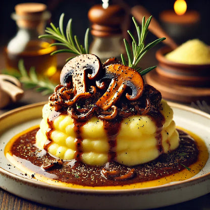 Polenta cremosa com ragù de cogumelos e fonduta de queijo provolone NoMoo
